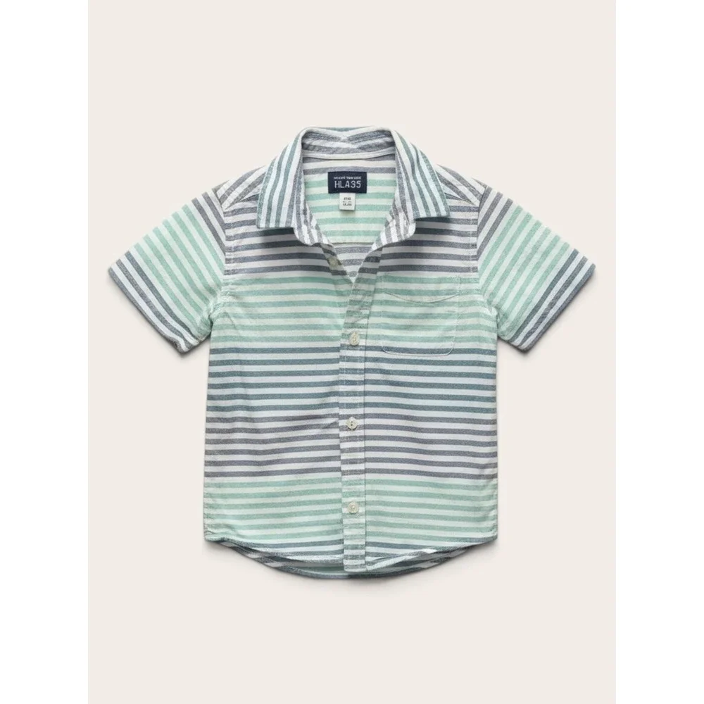 The Childrens Place Boys 5T Short Sleeve Striped Button Down Shirt Blue Teal